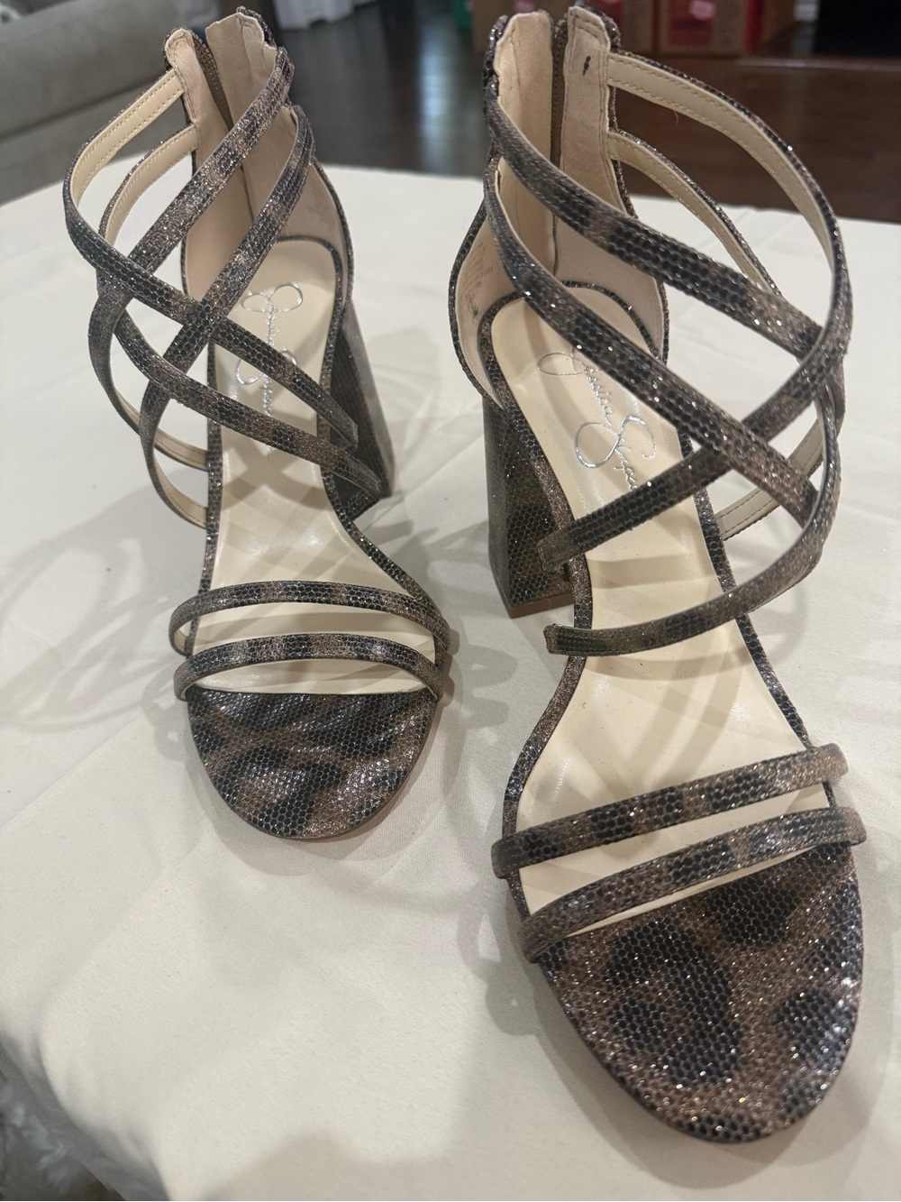 Jessica Simpson Metallic Snake-Print Strappy Block Heels - Brown
